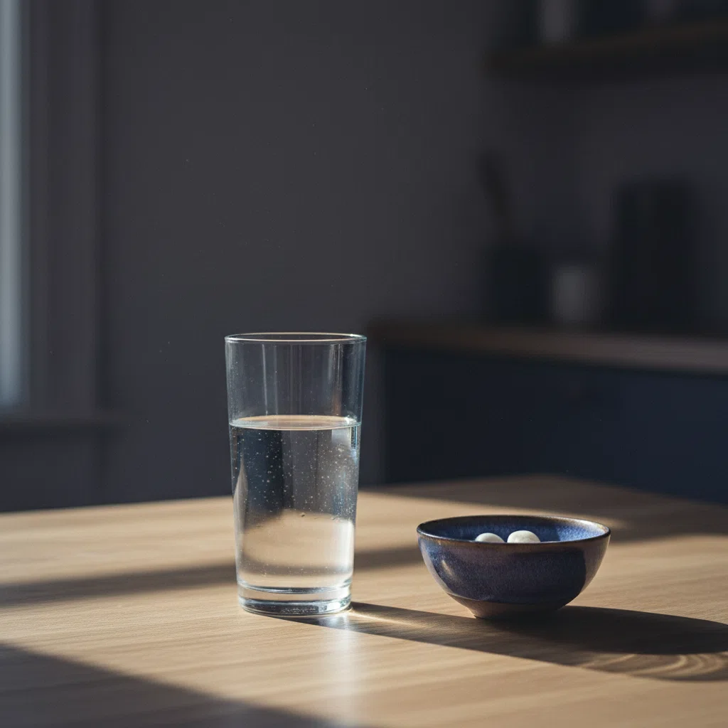 A clear glass of water on a light wooden kitchen table next to a supplement capsule and a bowl of cereal, morning light