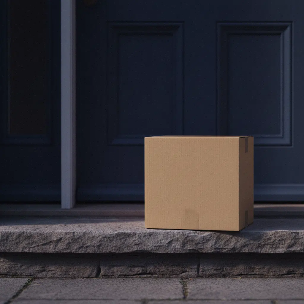 A neatly packaged plain kraft parcel box sitting on a doorstep beside a front door in soft afternoon light
