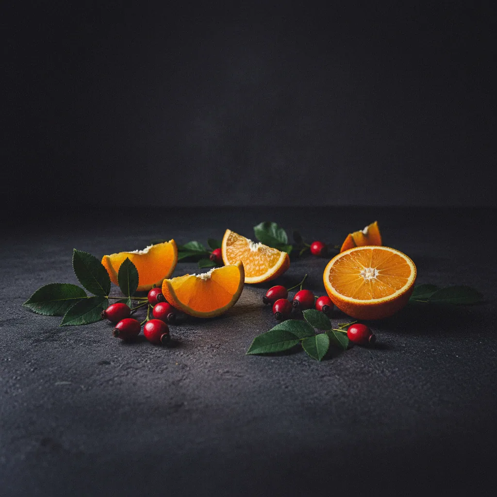 A bright kitchen table with a glass of water, orange slices, and supplement capsules laid out for a morning routine