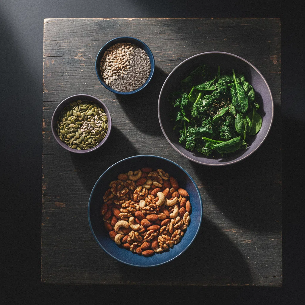 A selection of almonds, pumpkin seeds and dark leafy greens in ceramic bowls on a wooden table - natural sources of Magnesium