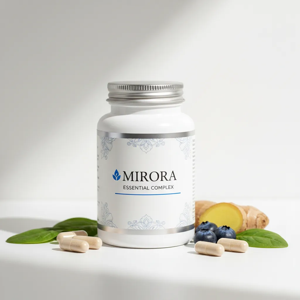 Mirora Essential Complex supplement bottle with label and capsules on a dark stone surface